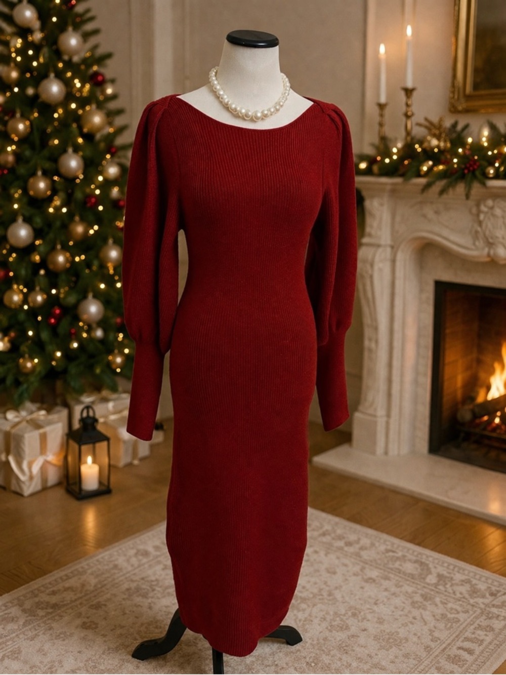 French Connection Deep Red Ribbed Midi Dress with Balloon Sleeves